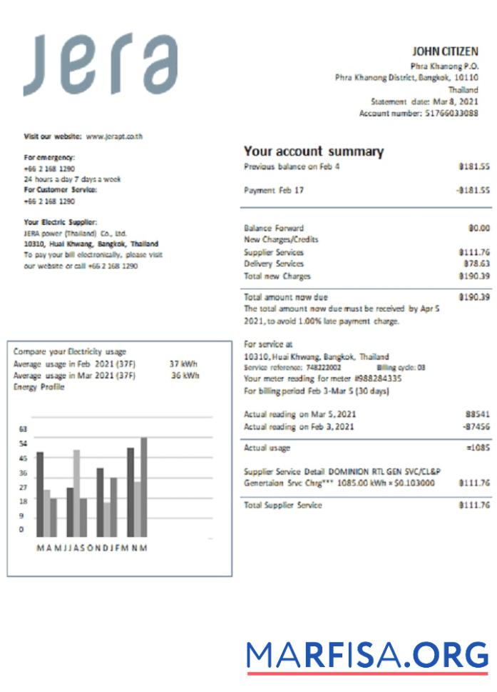 Printable Thailand JERA power utility bill template in Word and PDF format